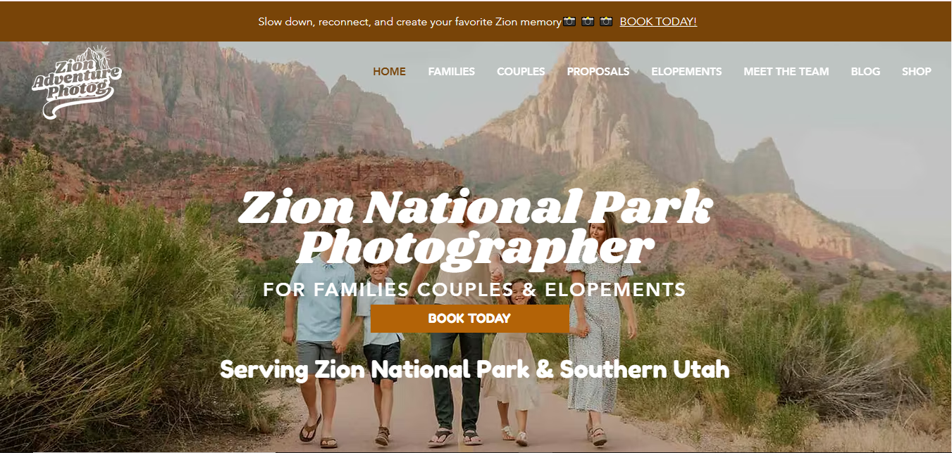 Zion Adventure Photog website homepage — Wix Photography & Adventure Tourism